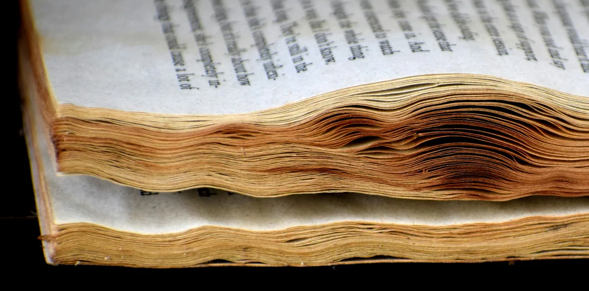 Browning curled pages of an ageing book